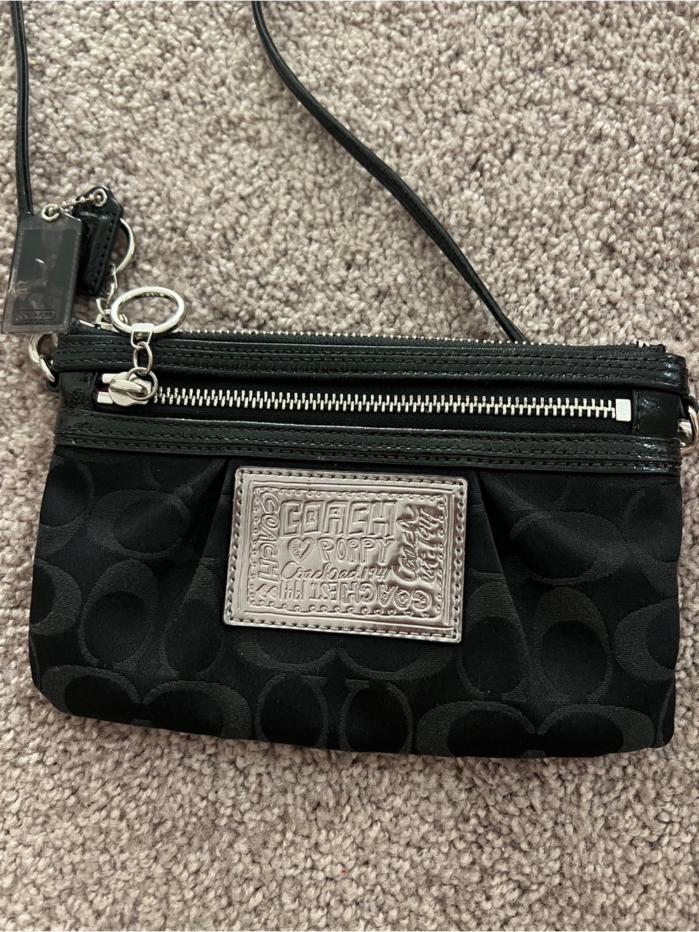 Coach Black Signature small bag/clutch with Silver Patch Detail